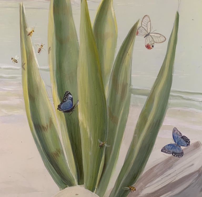 Hand-painted mural detail—butterflies and bees among green leaves, part of Australian nursery mural