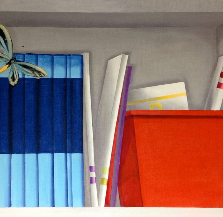 A painted bookshelf in trompe l'oeil style showing butterflies, books and a red container