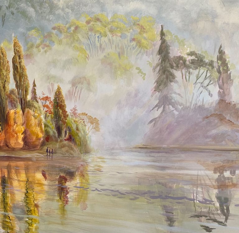  Close-up of a hydrotherapy mural depicting a forested lake in New Zealand with people walking.