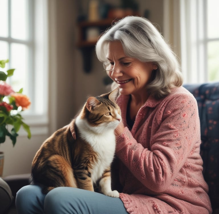 a woman sitting on a couch with a cat