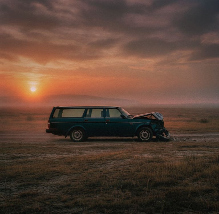 A damaged vintage station wagon sits on a dirt road at sunset with front-end collision damage.
