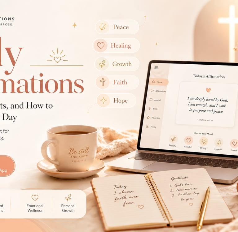 Daily Christian affirmations app on a laptop with a journal and coffee for emotional wellness.