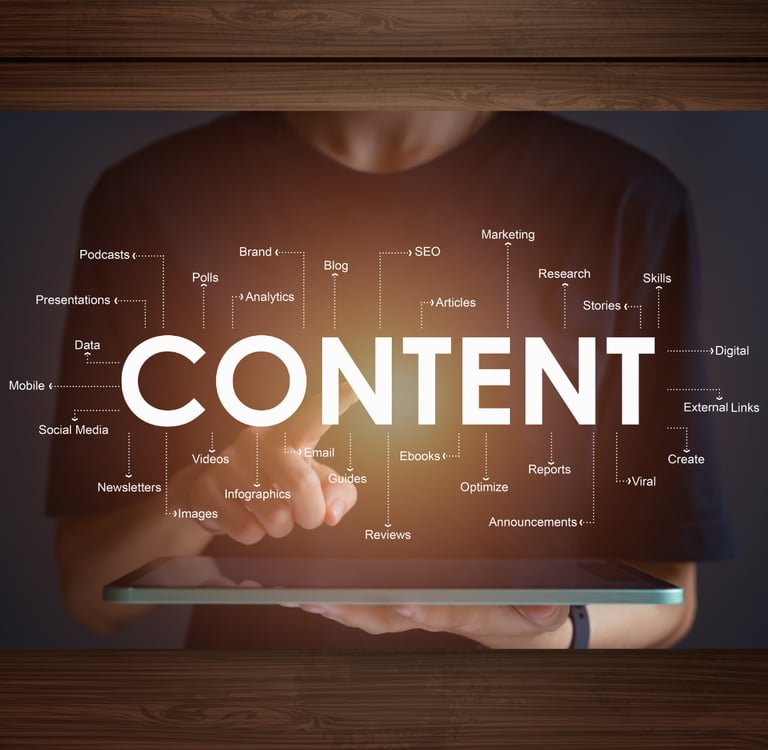 Person using a tablet with "CONTENT" displayed, surrounded by digital marketing keywords.