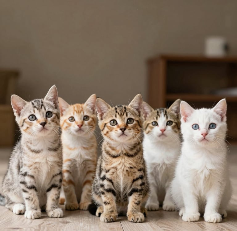 A group of five adorable tabby, ginger, and white kittens sitting on a wooden floor.