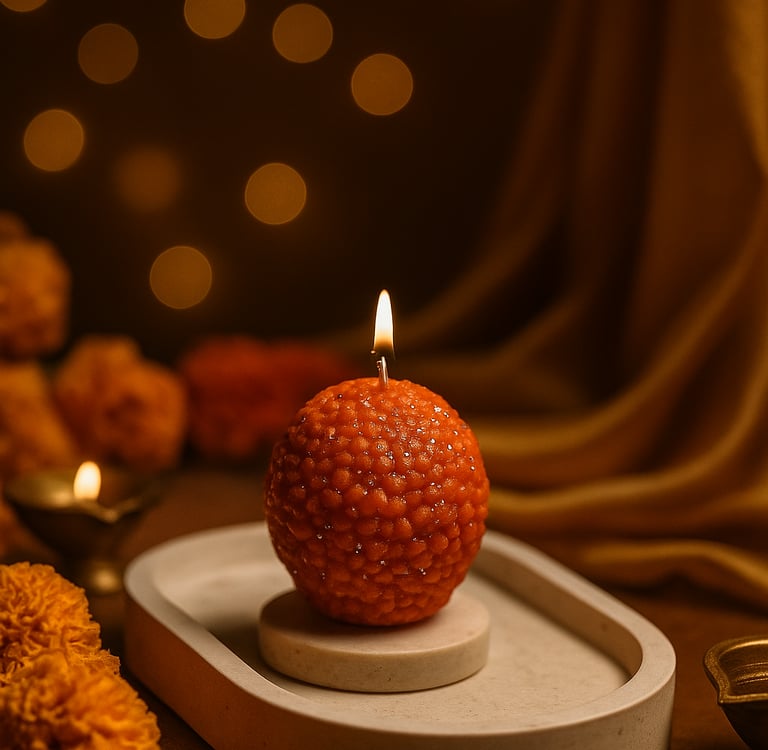 a motichur laddu candle in the middle of a table