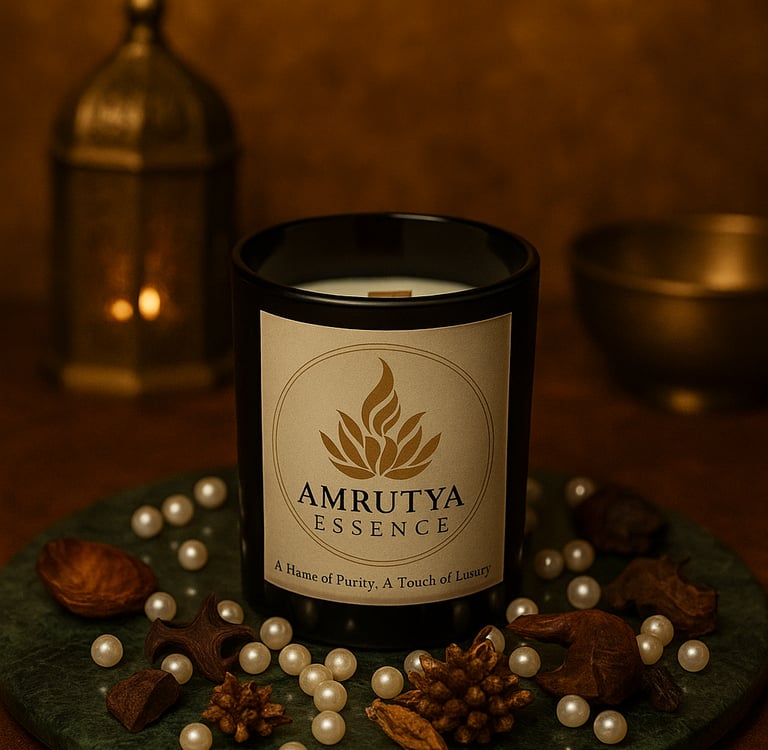 a candle with arabian oudh fragrance on a table