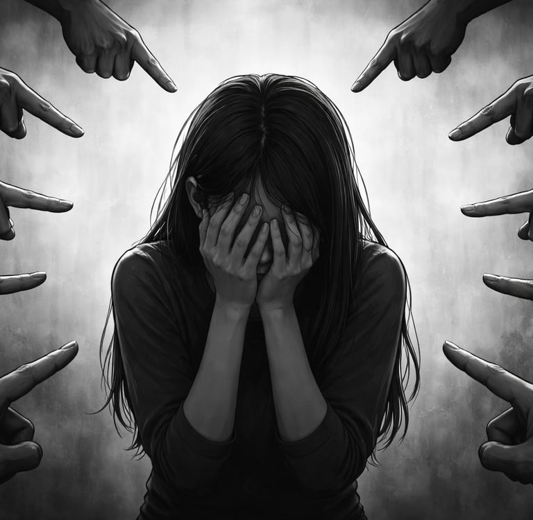 Black and white illustration of a crying girl being pointed at by hands, symbolizing bullying and social pressure.