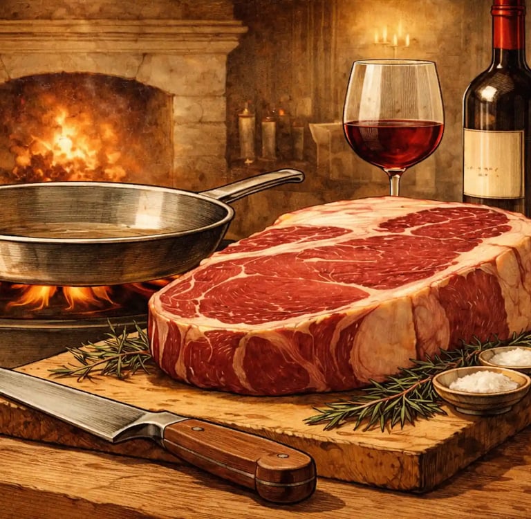 Une cote de boeuf et une poele en inox