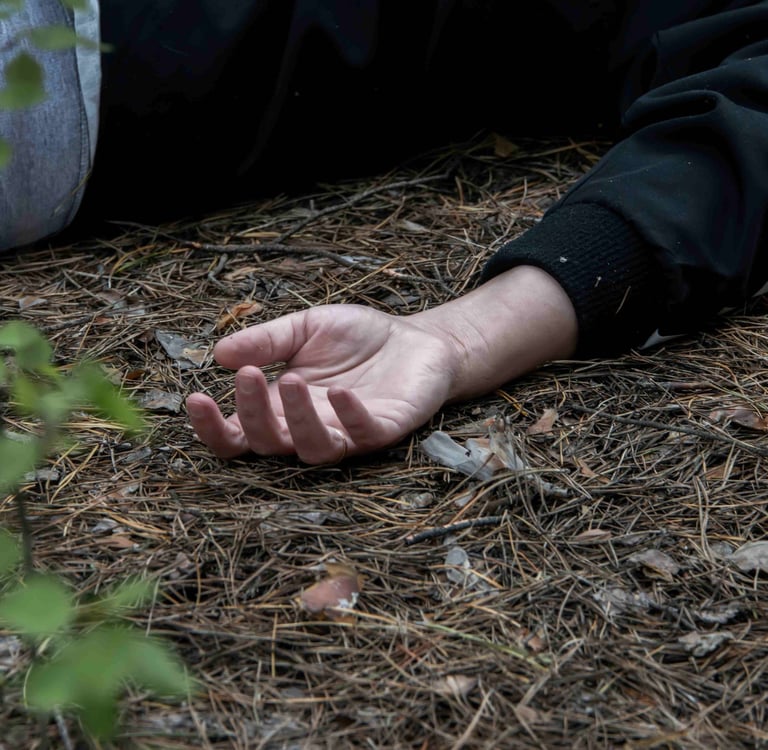 Image of woman lying on ground, doubtless because she's fainted from of a lack of food.