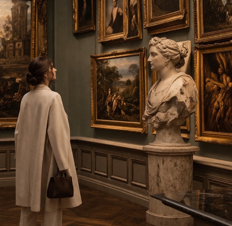 Luxury art gallery interior with classical sculptures.