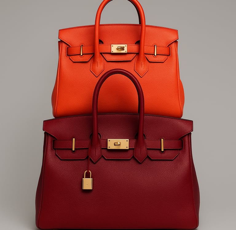 Luxury designer-style leather handbags in vibrant colors for fashion editorial use.