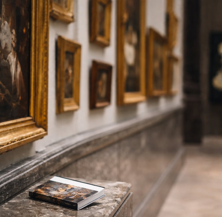 Art gallery interior with framed paintings and marble floor