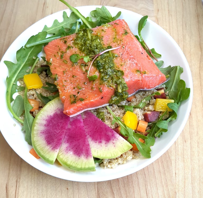 Salmon chimichurri & quinoa salad. Healthy weekly dinners Best personal chef Happy Valley oregon