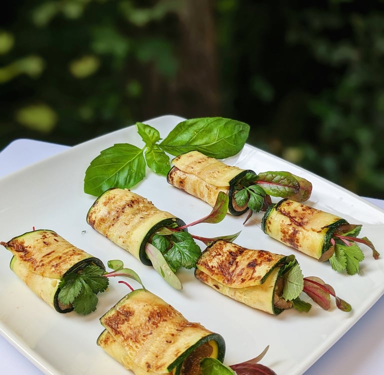 Zucchini roll-up hazelnut butter & herbs. gluten-free, dairy-free healthy Portland personal chef