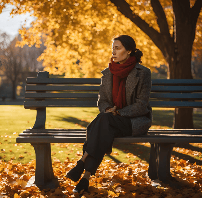 a woman sitting on a bench in a park