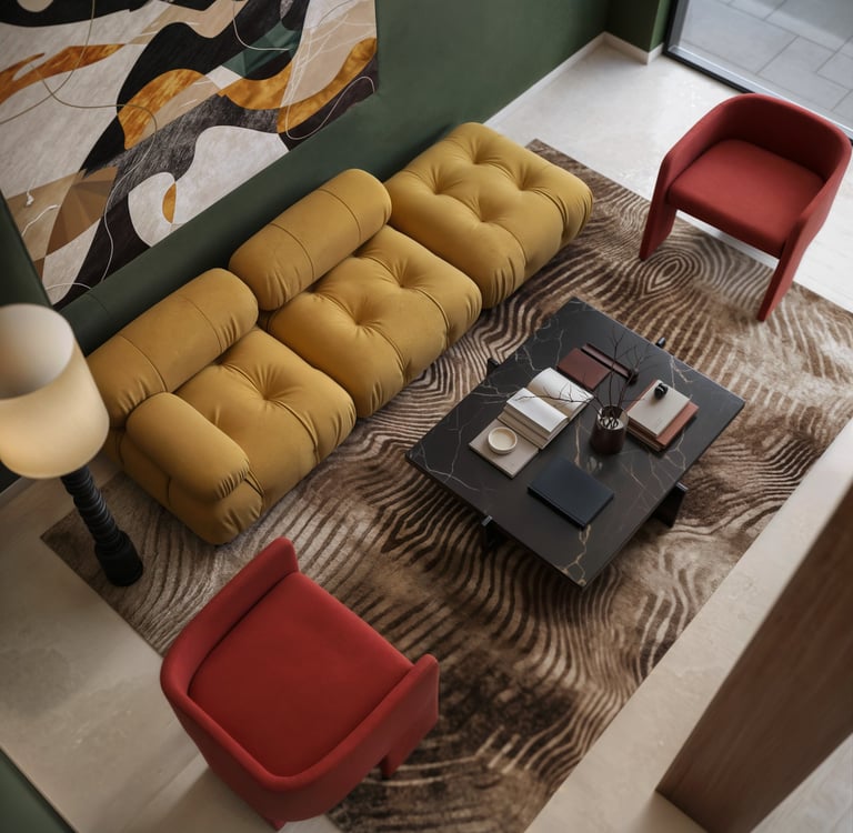 Top view of a modern living room with a mustard sofa, red chair, patterned rug, and black coffee tab