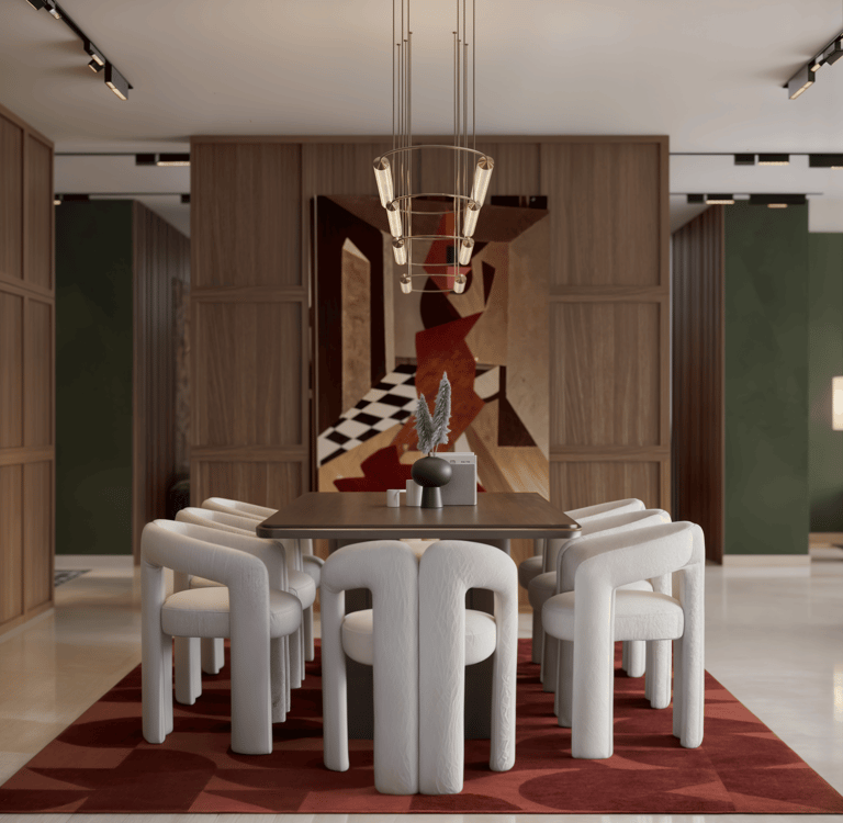 Dining space showing how colour and material create mood through layered textures and art