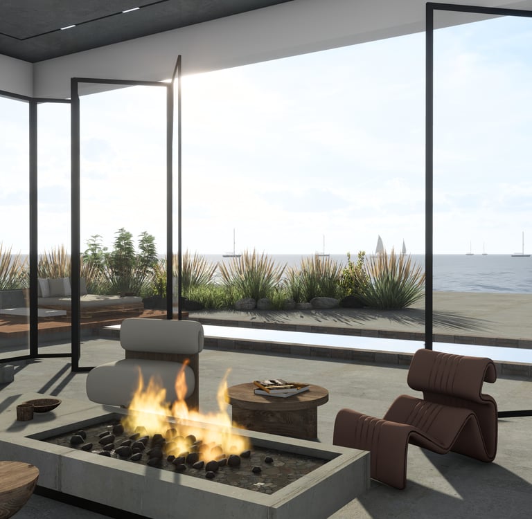 Luxury beachfront living space with sculptural lounge chairs, modern fireplace, panoramic ocean view