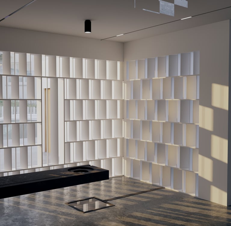 Modern feature wall with sculptural shelving design by Moori Interiors