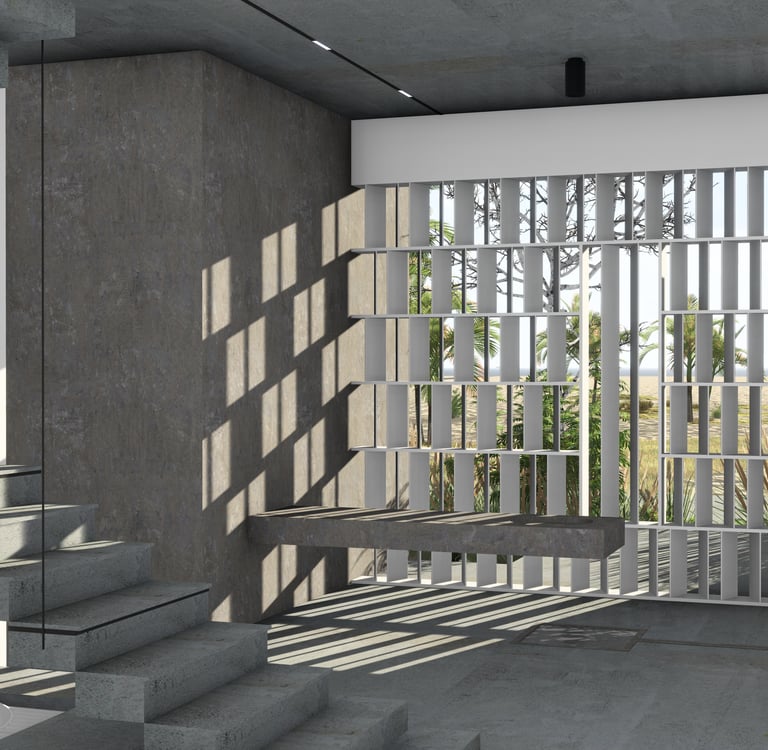 Concrete floating bench and a slatted wall casting shadows and revealing an outdoor view.