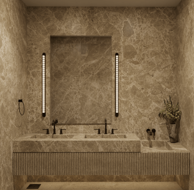 Double sink vanity with a ribbed base and a marble countertop.