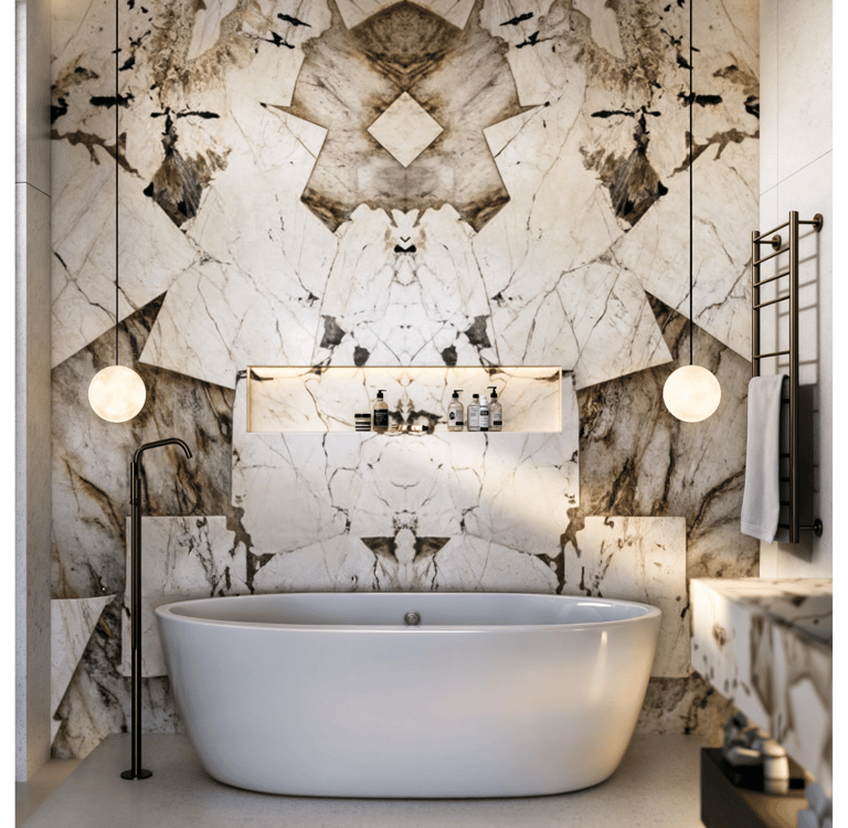 Bathroom with a modern black floor-mounted faucet and pendant lighting above a white tub.