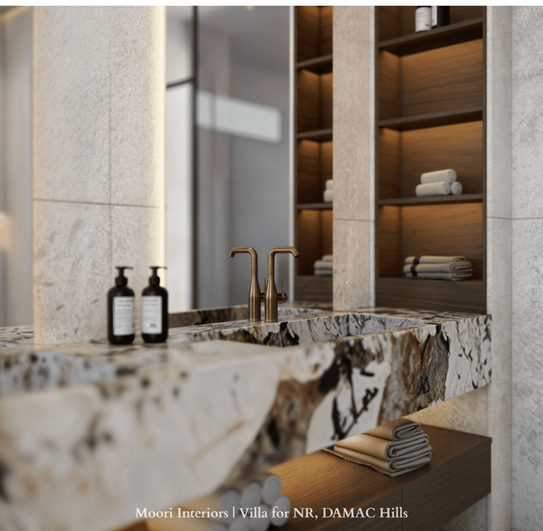 A modern bathroom vanity with a unique marble pattern and a large, well-lit mirror.