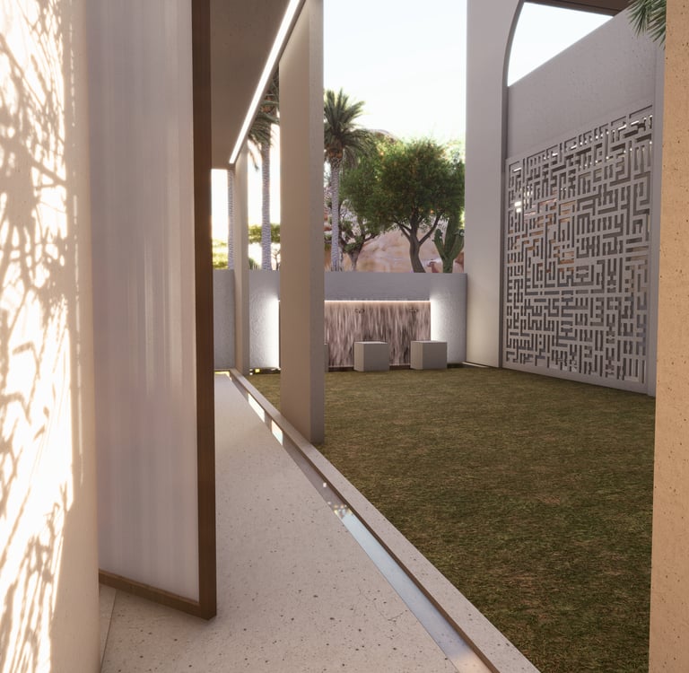 A view of the courtyard of the Etihad House proposal by Moori Interiors.