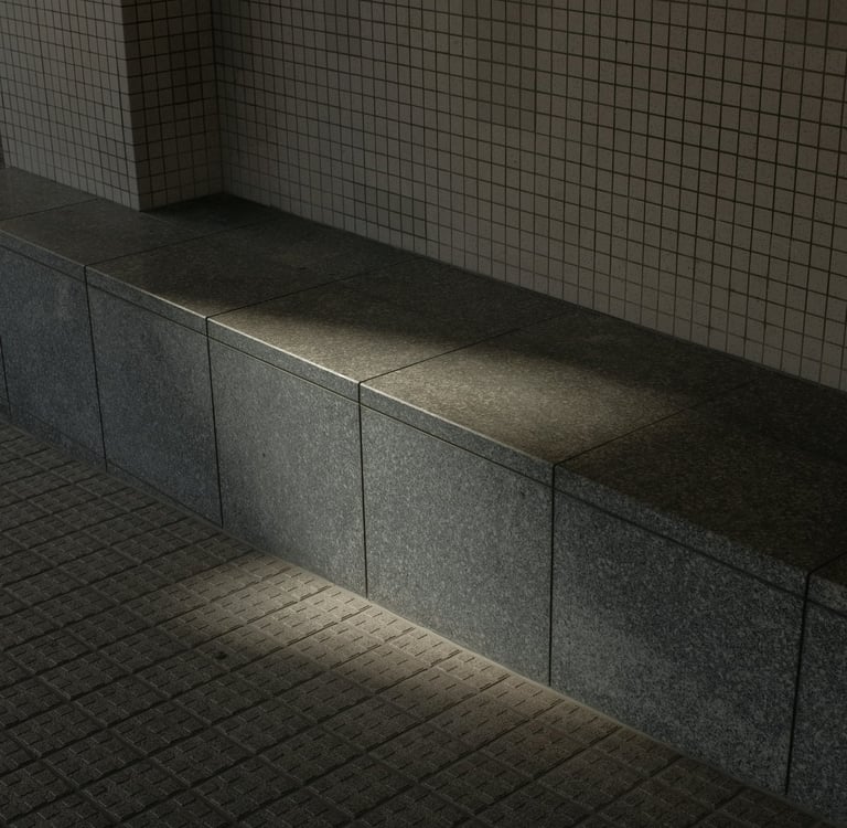Sunlight casting shadows on a concrete tiled seating area and wall.