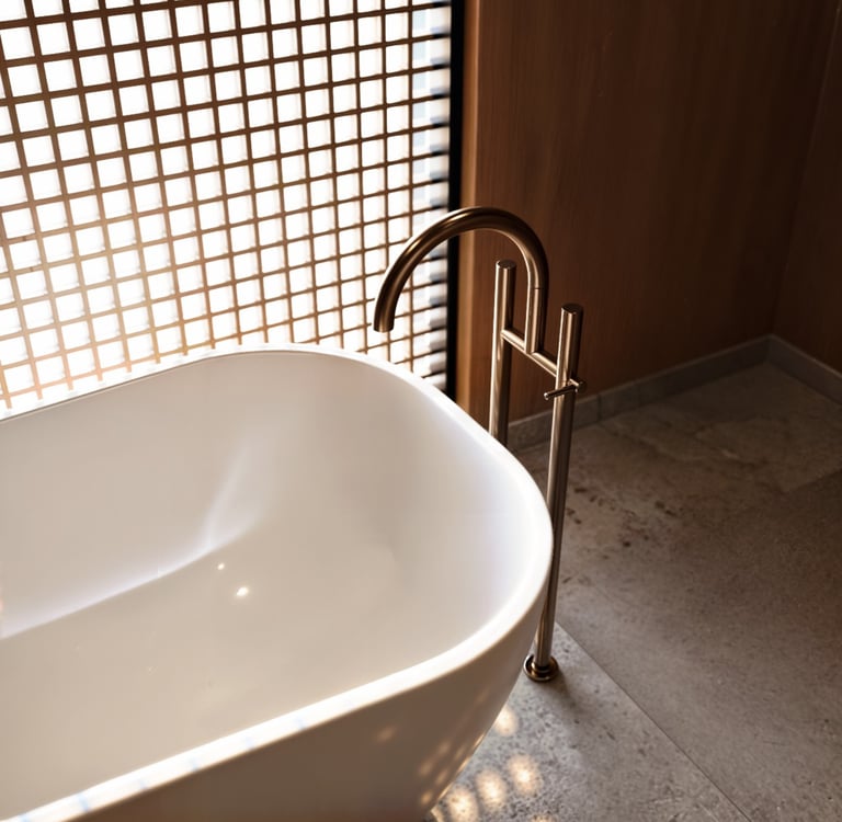 Minimalist white freestanding bathtub, bronze floor-mounted faucet.