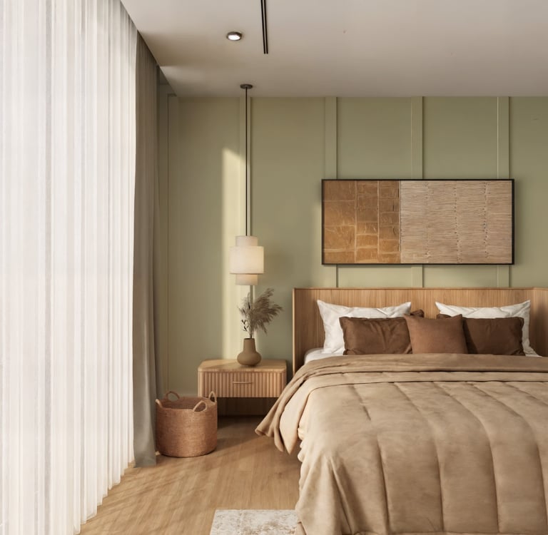 Calm bedroom with muted tones and low contrast for reduced sensory load