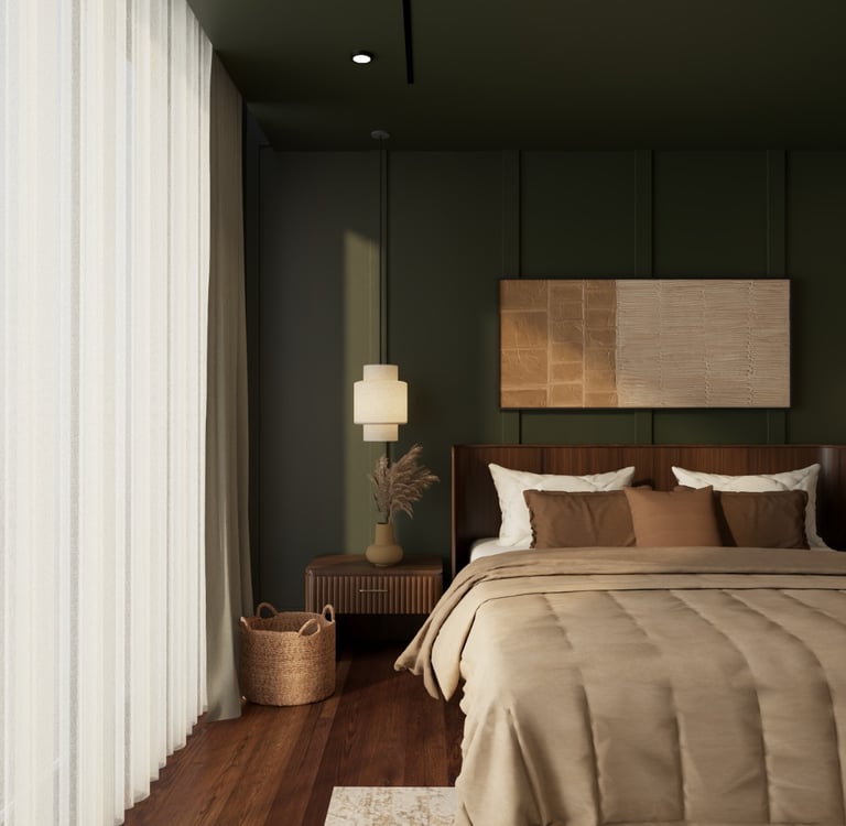 High contrast bedroom with darker tones creating a more stimulating sensory environment
