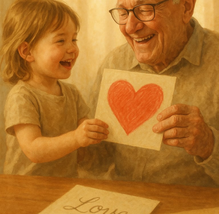 Emotionen verschenken, ein Bild indem ein kleines Kind dem Opa ein Bild mit einem gemalten Herz übergibt in sanften Farben