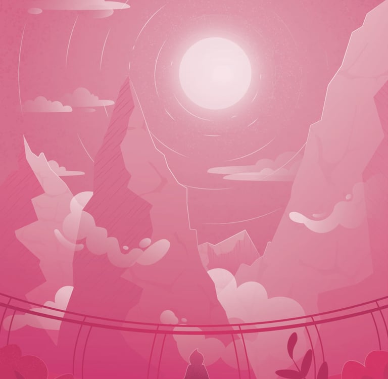 Monochromatic pink vector art of a traveler looking at mountains and a bright sun from a high bridge.