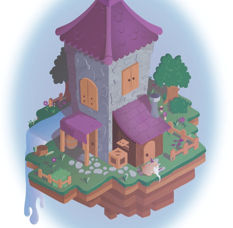 Isometric 3D digital art of a fantasy wizard tower on a floating island with a waterfall and garden.