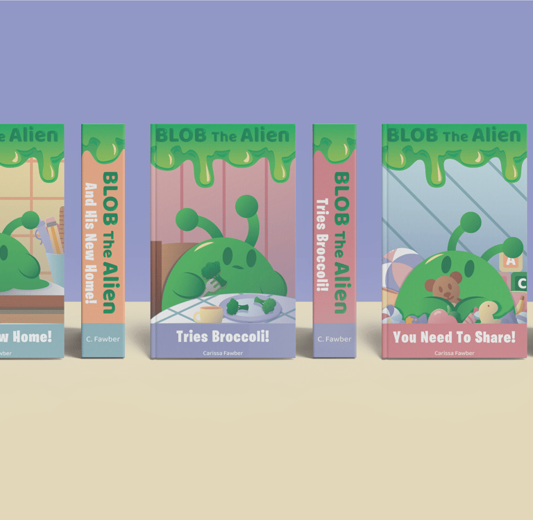 A collection of Blob The Alien children's books featuring green slime illustrations and educational titles.