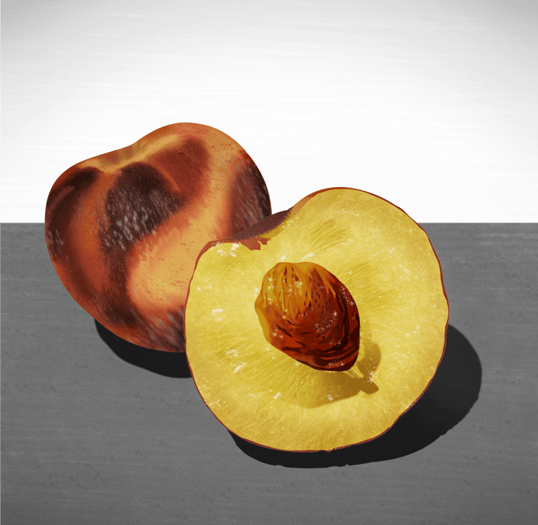 A realistic digital painting of a whole peach and a halved peach showing the pit on a gray surface.