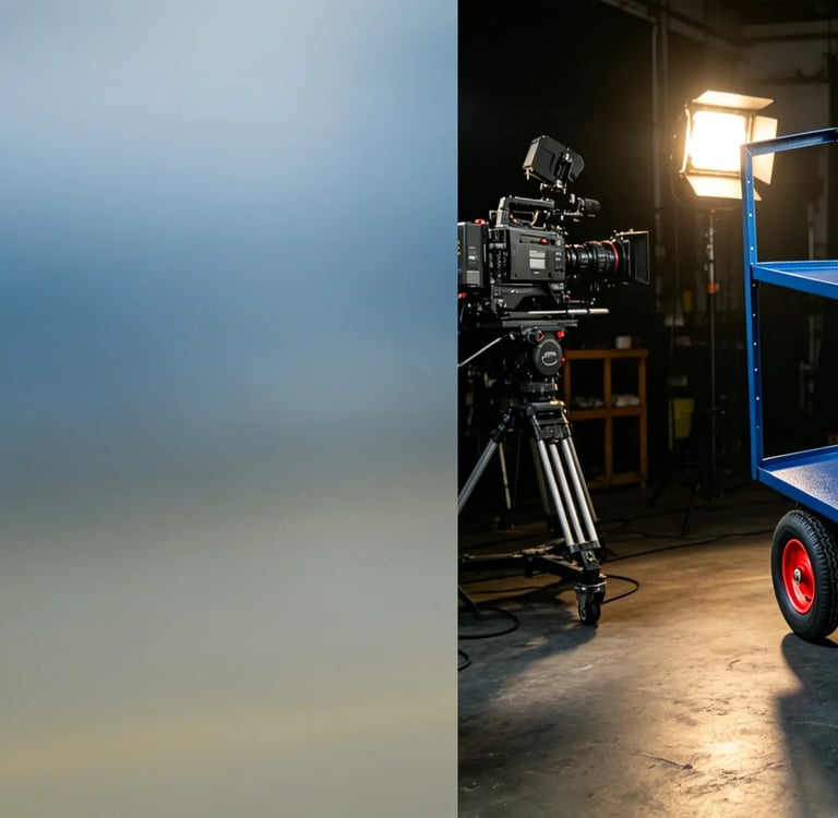 Blue heavy-duty utility equipment cart on a film set with professional cameras and studio lighting.