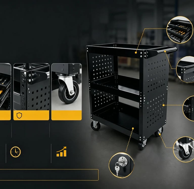 Black 3-tier rolling tool cart with locking drawers, casters, and pegboard sides for workshop storage.