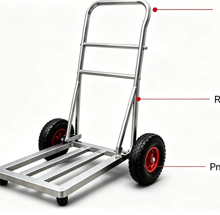 Heavy-duty steel platform hand truck with reinforced frame and pneumatic wheels for industrial moving.