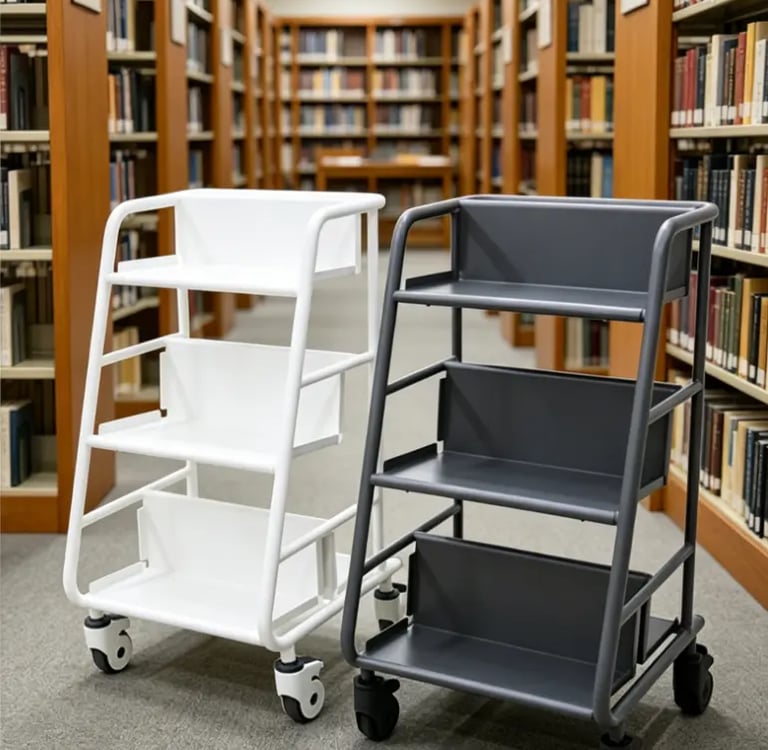White and charcoal gray metal rolling book carts with three shelves in a library aisle.