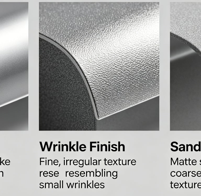 Comparison of smooth, wrinkle, and sandy powder coating finishes on metal surfaces.
