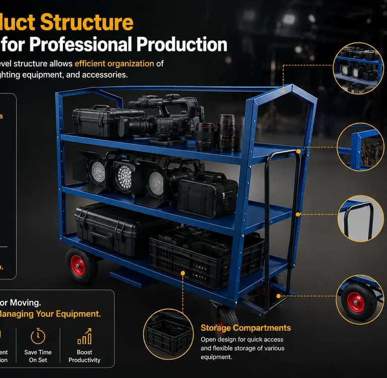 Heavy-duty blue production cart for professional equipment storage and film set organization.