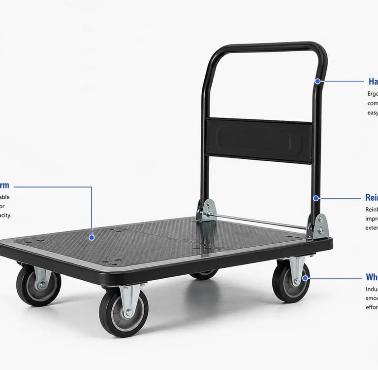 Durable steel platform folding hand truck with industrial wheels and ergonomic handle for heavy duty moving.