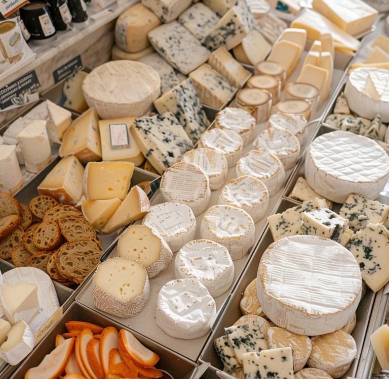 Artisan cheese display featuring wheels of brie, blue cheese wedges, and sliced baguettes in a French deli.