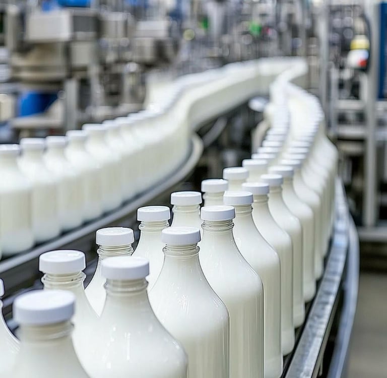 Rows of fresh milk bottles on an automated conveyor belt in a dairy processing plant.