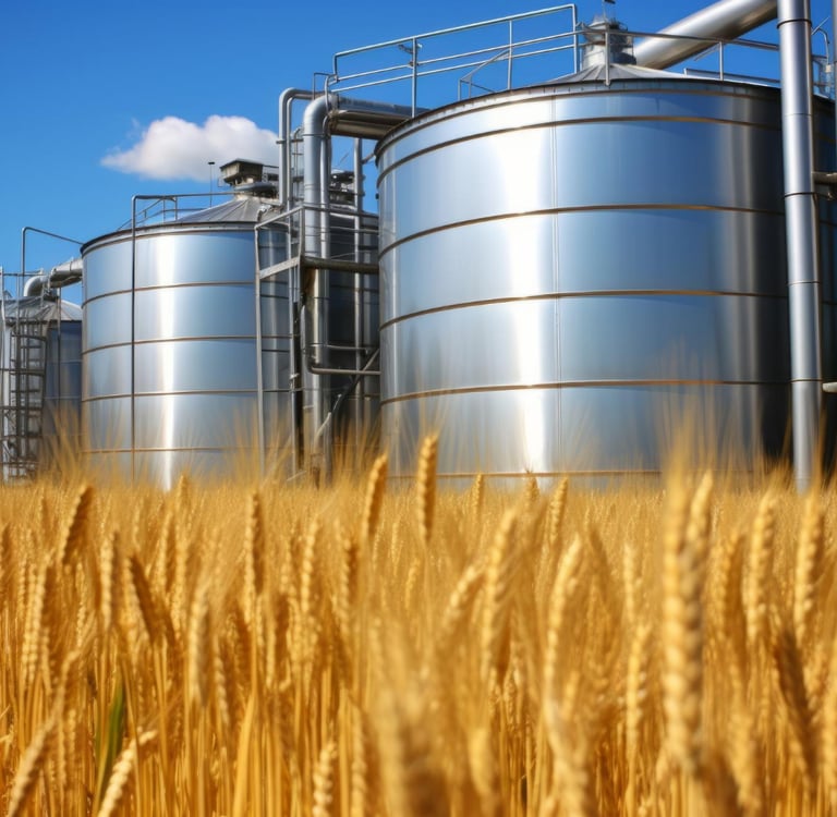 Large stainless steel grain storage silos standing in a golden wheat field under a blue sky.
