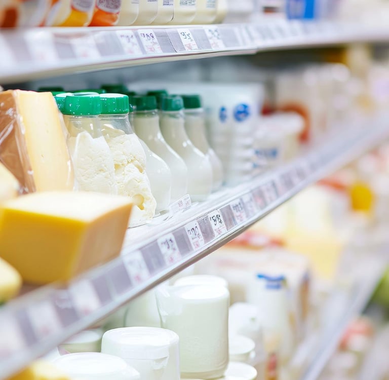 Supermarket refrigerated aisle stocked with various dairy products, cheese, and milk containers.