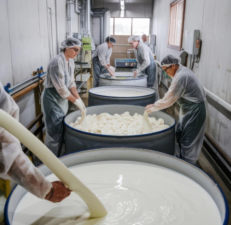 Dairy factory workers in protective gear processing fresh cheese curds in large vats.