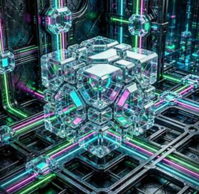 An abstract crystalline mainframe node shaped like a complex, multi-layered geometric cube.